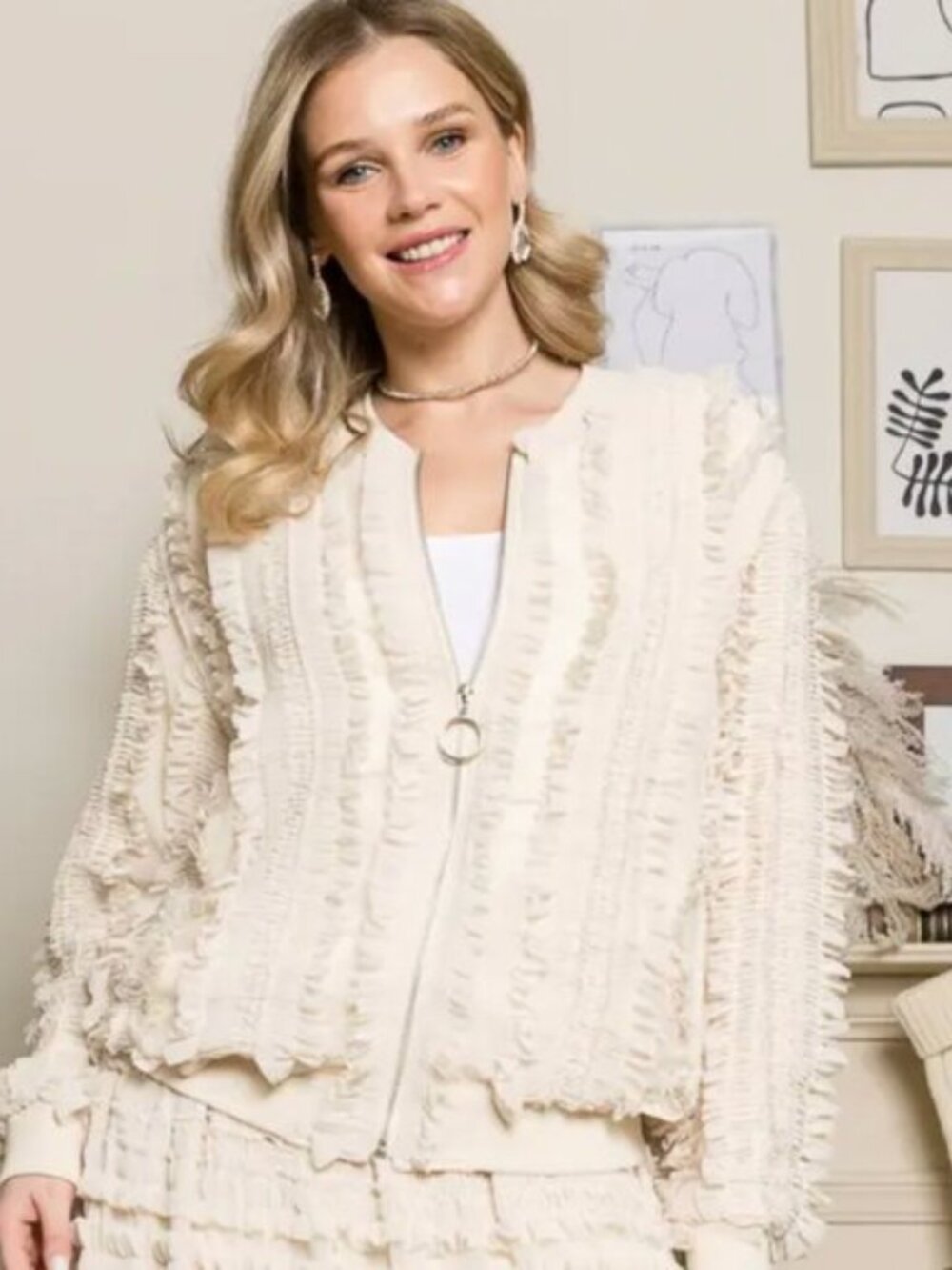NWT Joh Elegant Cream Ruffle Bomber Jacket